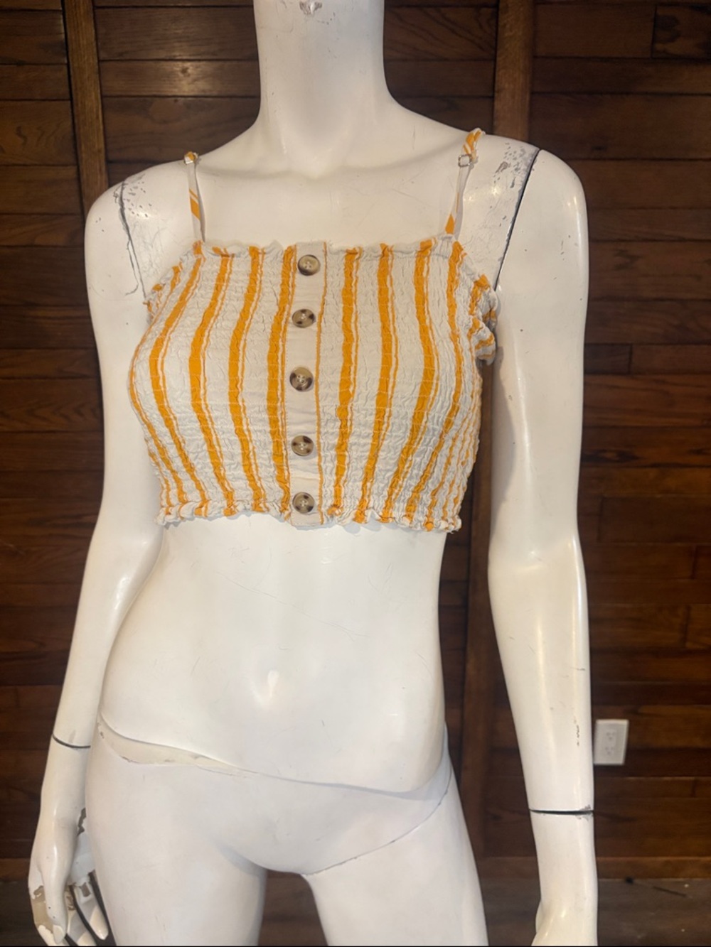 Active USA Yellow & White Striped Button-Front Smocked Crop Top